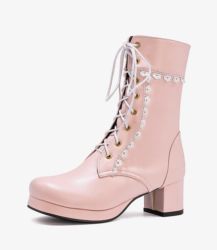 Botines de cordones con encaje decorativo - Celeste