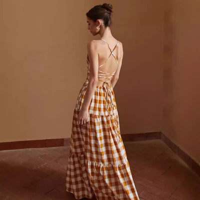Daphne - Vestido casual atado a cuadros sin espalda