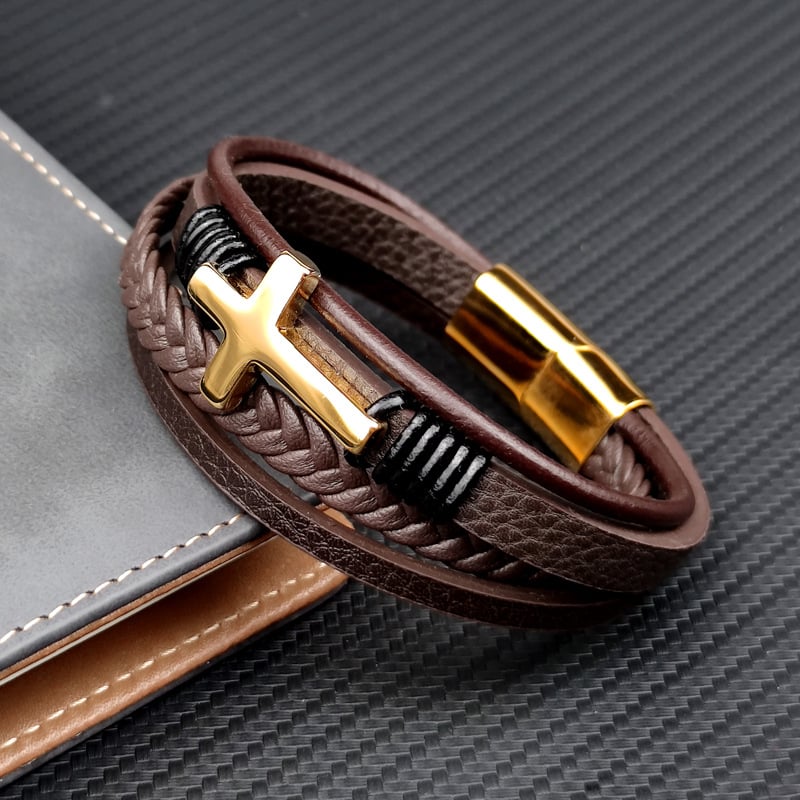 Pulsera hombre cuero trenzado con cruz acero - Sentinel