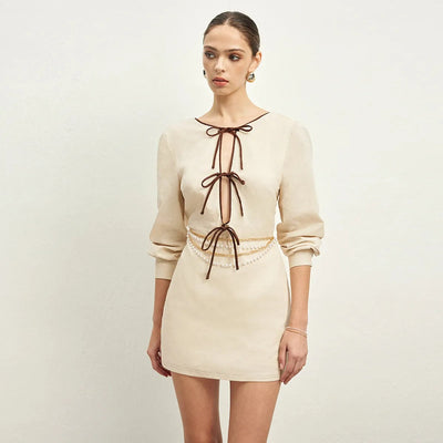 Vestido corto mujer lino lazos decorativos estilo elegante - Renata
