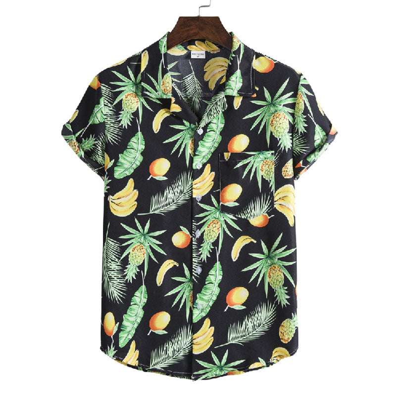 Elegante camisa de hombre de manga corta con estampado de frutas confeccionada en algodón