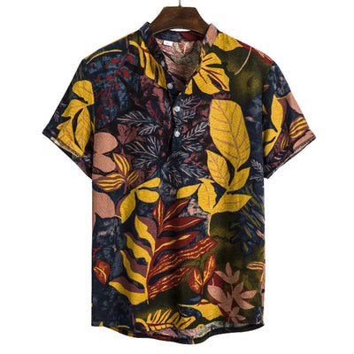 Camisa de manga corta para hombre con estampado tropical, bolsillo y tapeta de botones