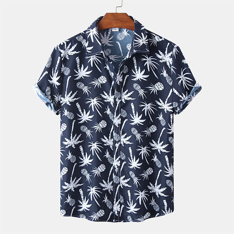 Camisa azul marino única de manga corta para hombre con estampado