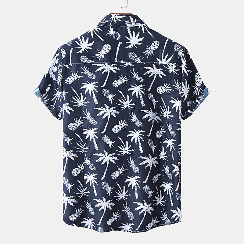 Camisa azul marino única de manga corta para hombre con estampado