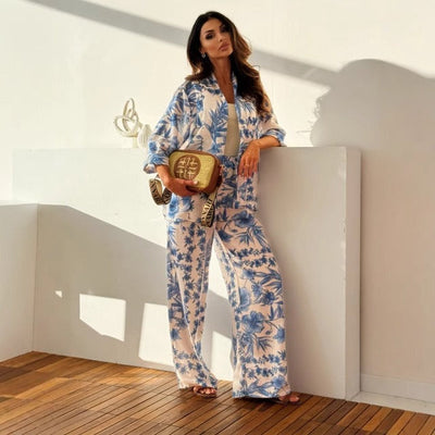 Conjunto de mujer con pantalón recto y camisa estampada floral - Fabienne