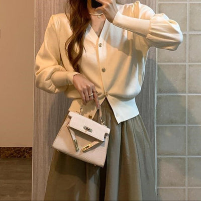 Cárdigan mujer manga abullonada escote en V estilo retro - Odile