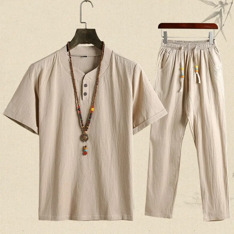 Conjunto de lino para hombre con manga corta estilo relajado - Tao