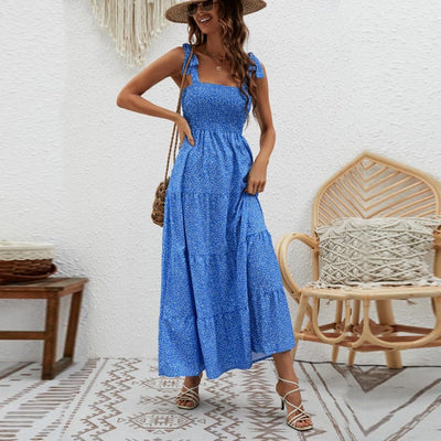 Vestido largo para mujer de tirantes anudados nido de abeja - Estrella