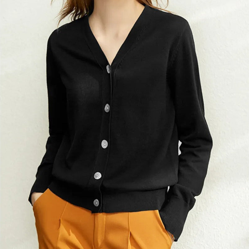 Cárdigan mujer punto fino cuello en V estilo minimalista - Annelise