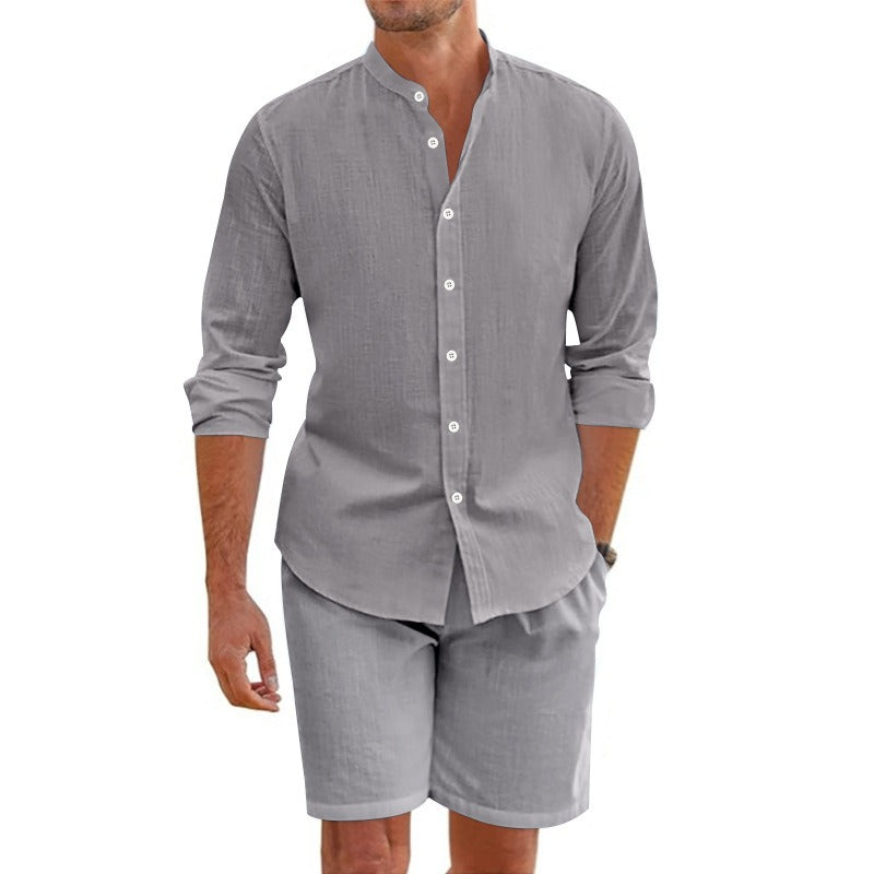 Conjunto hombre lino cuello mao manga larga casual - Terry