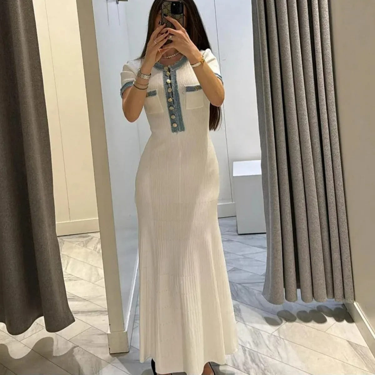 Vestido largo para mujer de punto acanalado con detalles denim - Mariela