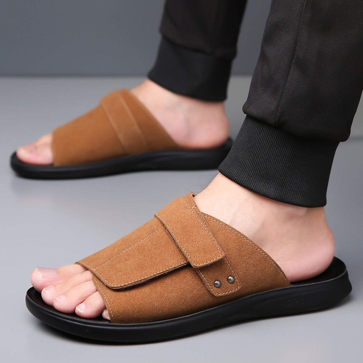 Sandalias para hombre de piel serraje diseño abierto con tira ancha - Jose