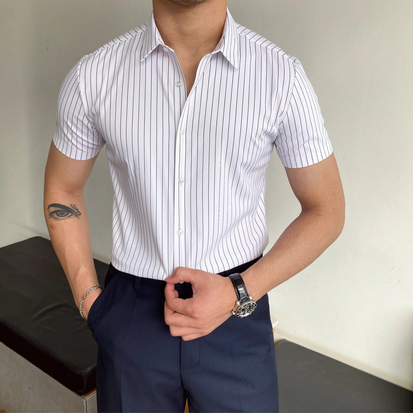 Camisa hombre manga corta rayas entallada formal - Isandro