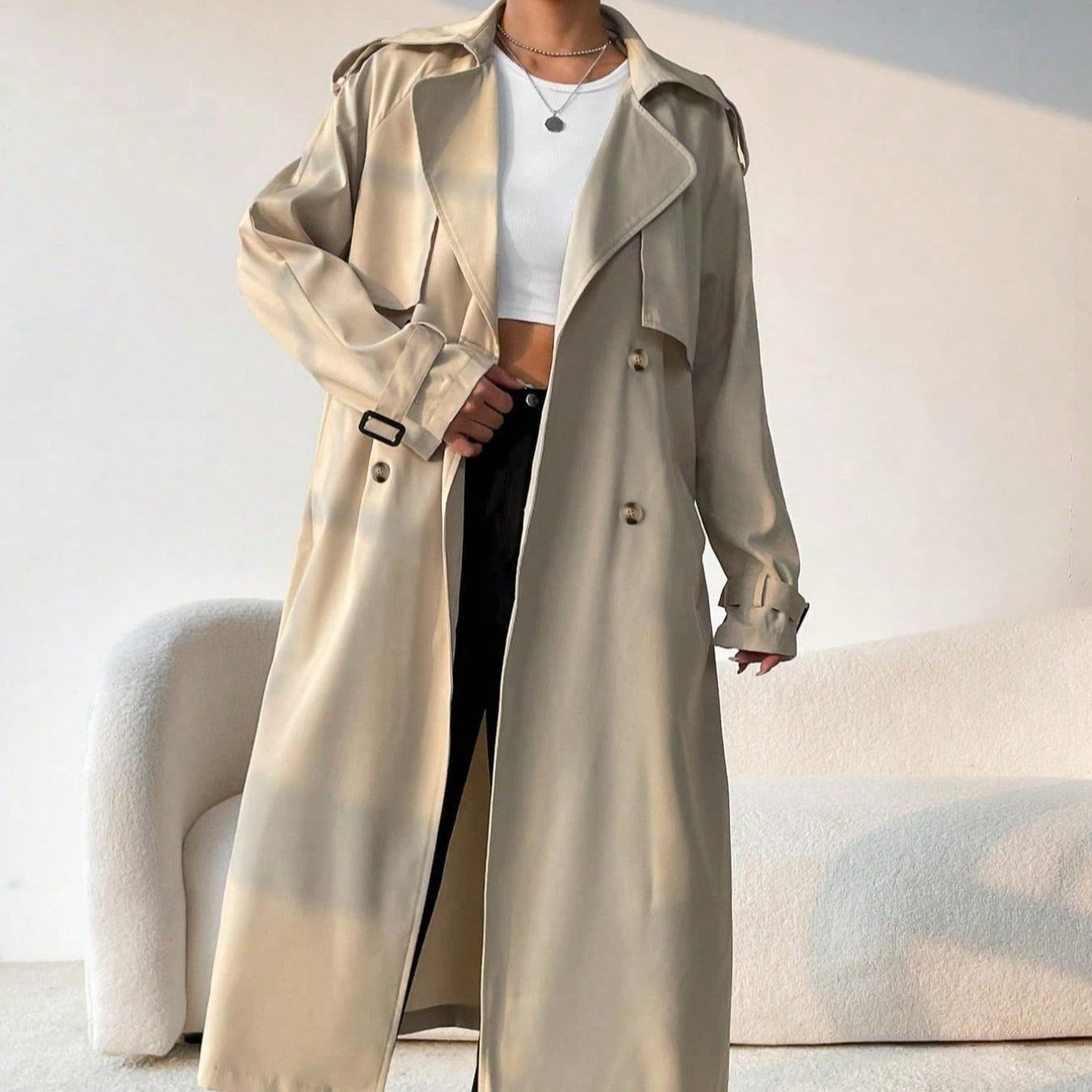 Abrigo trench largo mujer solapas cruzadas cinturón ajustable - Maelis