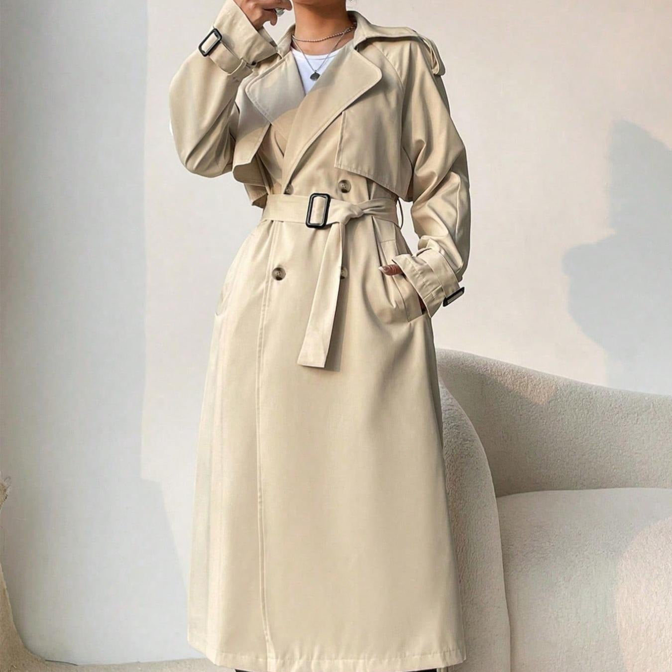 Abrigo trench largo mujer solapas cruzadas cinturón ajustable - Maelis