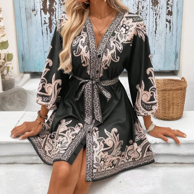 Vestido corto para mujer satinado con estampado bohemio estilo túnica - Nadine