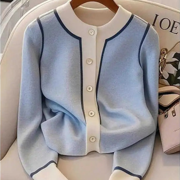 Cárdigan mujer elegante cuello redondo tejido fino con contraste - Elina