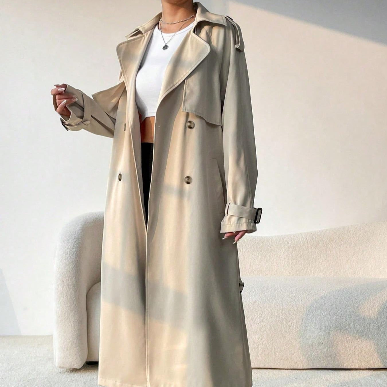 Abrigo trench largo mujer solapas cruzadas cinturón ajustable - Maelis
