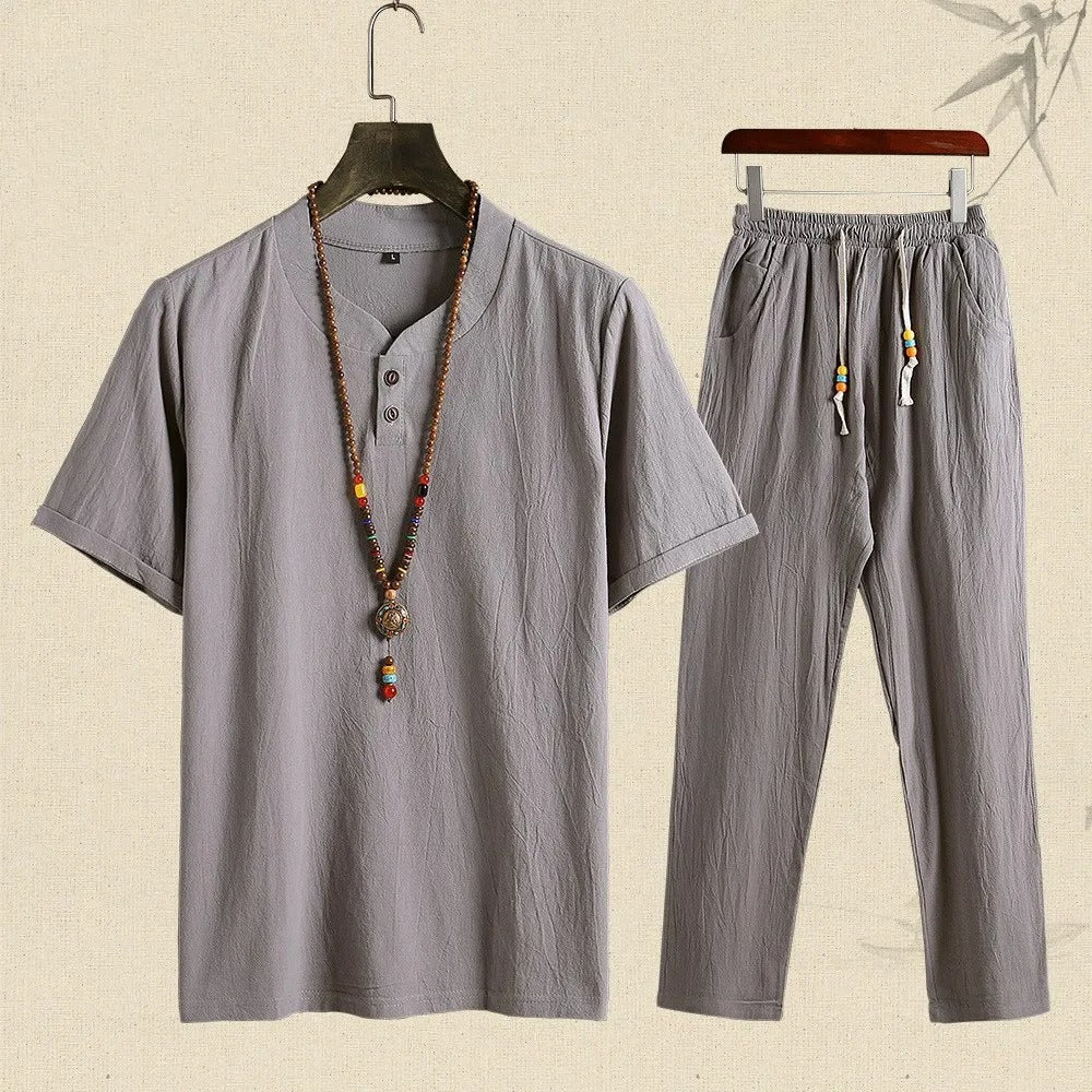 Conjunto de lino para hombre con manga corta estilo relajado - Tao