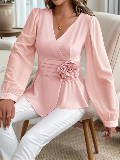 Blusa para mujer con gasa de flor tridimensional estilo peplum - Emilia