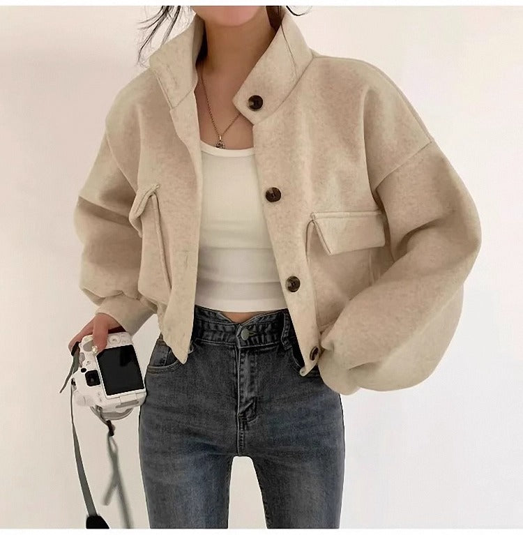 Chaqueta corta de lana gris para mujer - Mauwi