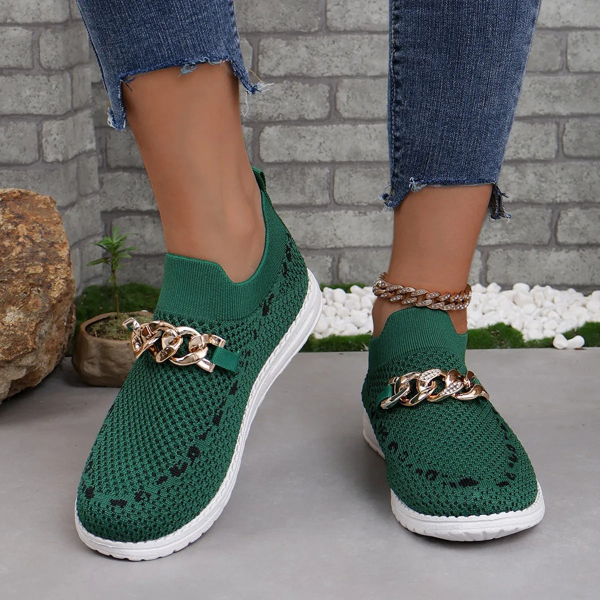 Zapatillas casuales para mujer tejido transpirable con cadena decorativa - Mariela