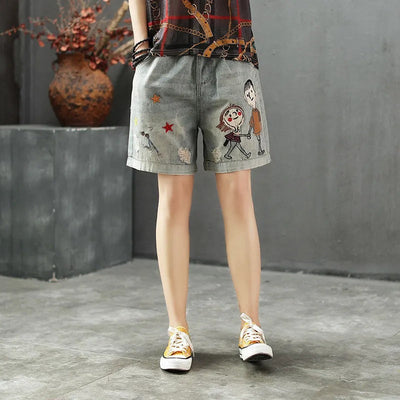 Pantalones cortos denim con bordado ilustrado y cintura elástica - Elaine