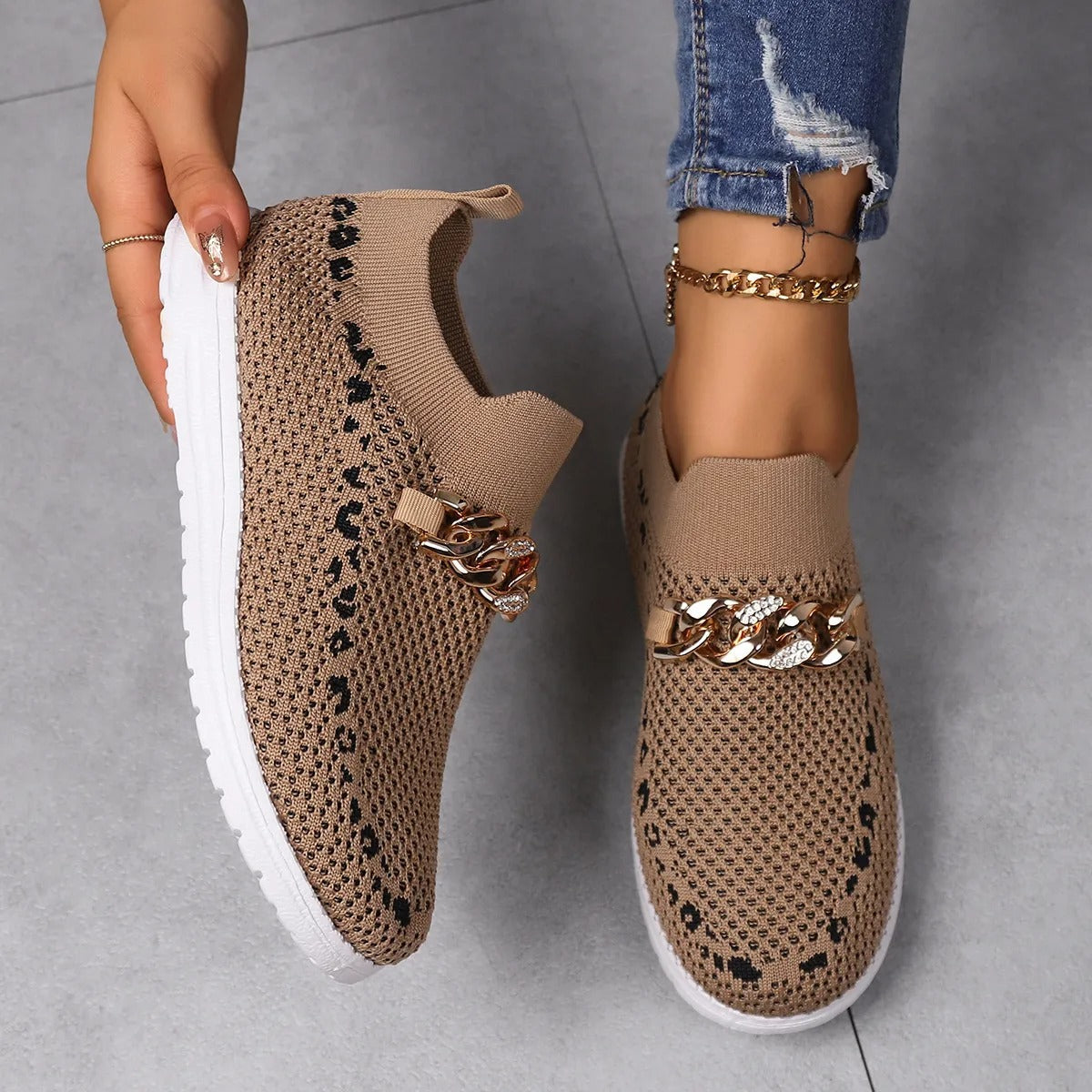 Zapatillas casuales para mujer tejido transpirable con cadena decorativa - Mariela