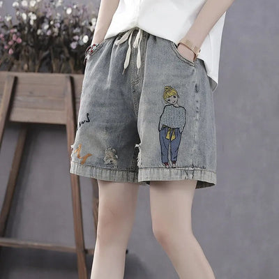 Pantalones cortos denim con bordado ilustrado y cintura elástica - Elaine
