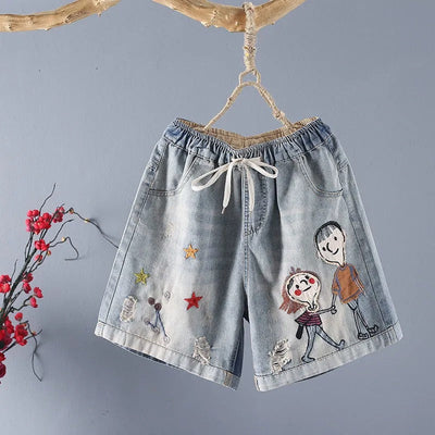 Pantalones cortos denim con bordado ilustrado y cintura elástica - Elaine