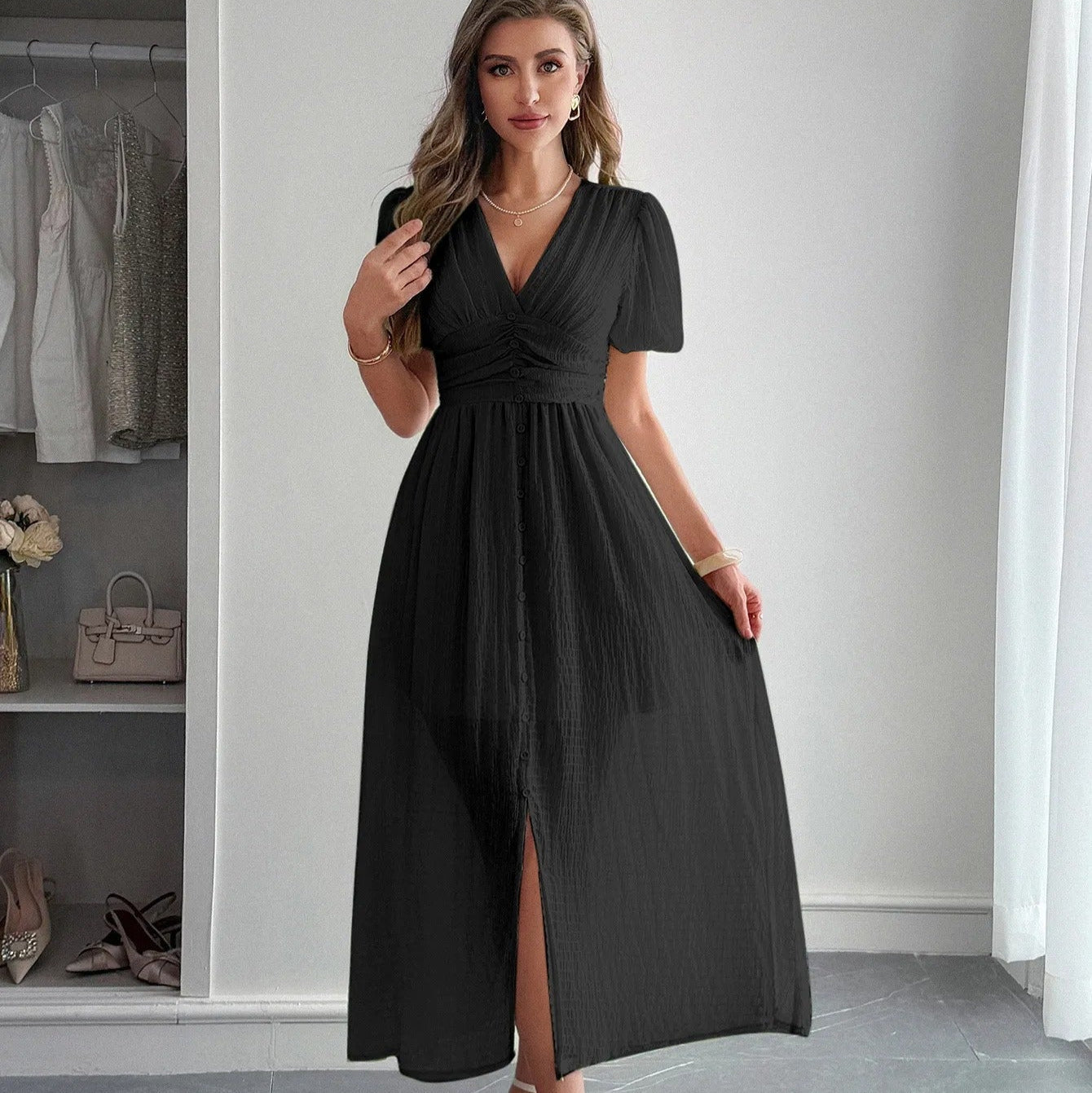 Vestido largo para mujer con escote cruzado estilo elegante con abertura frontal - Dalia