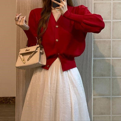 Cárdigan mujer manga abullonada escote en V estilo retro - Odile