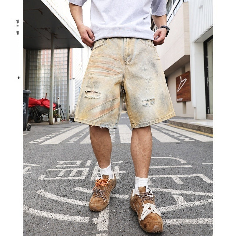 Pantalones cortos hombre denim desgastado de pierna ancha - Elías