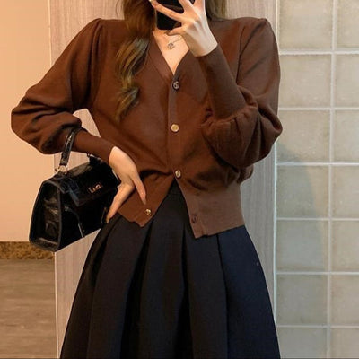 Cárdigan mujer manga abullonada escote en V estilo retro - Odile