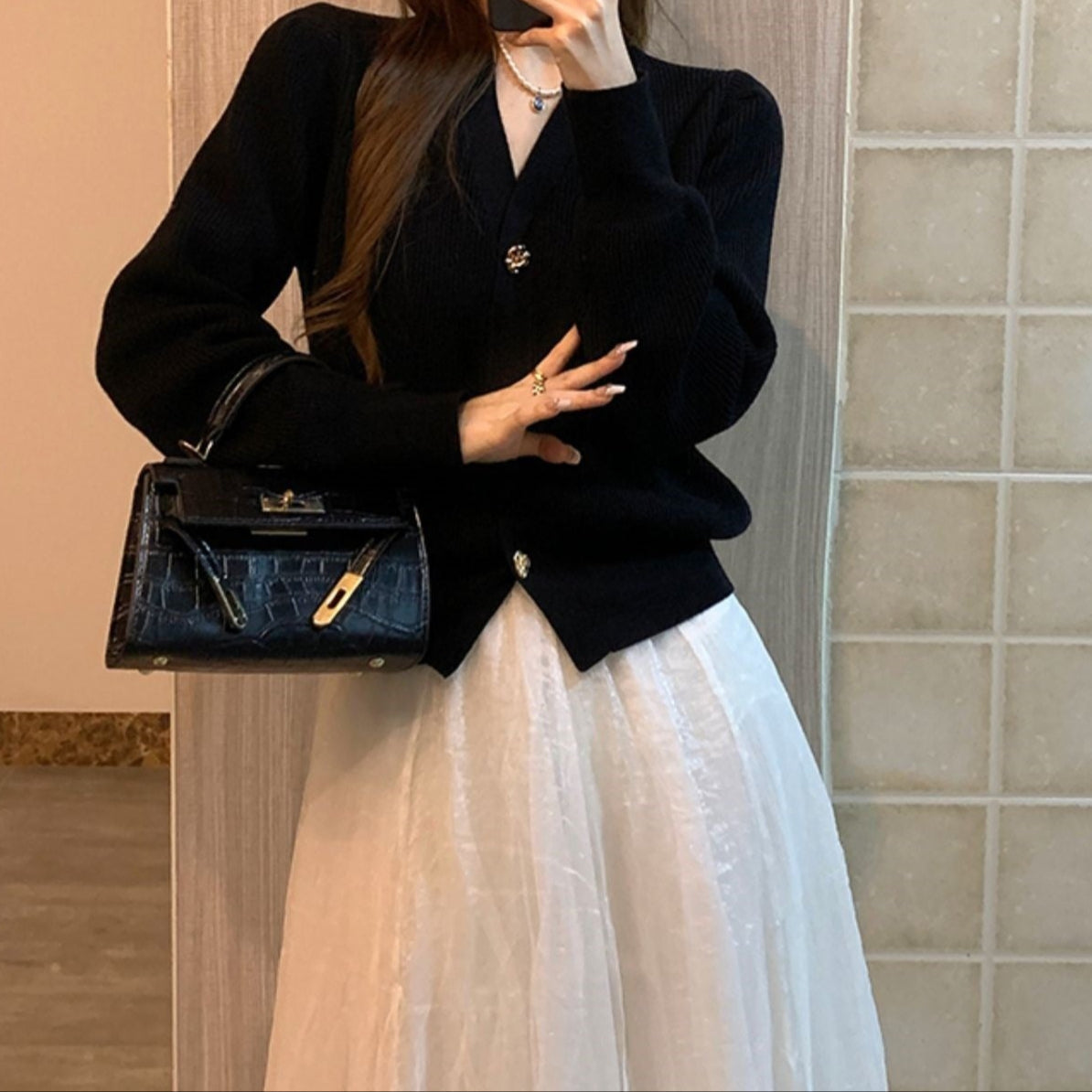 Cárdigan mujer manga abullonada escote en V estilo retro - Odile