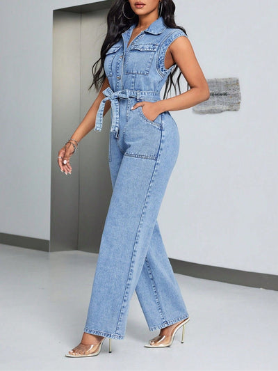 Mono largo mujer sin mangas denim con cinturón - Pilar