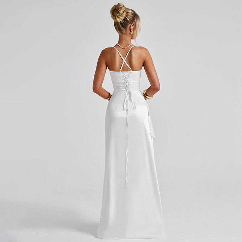 Vestido largo para mujer satén fruncido con abertura lateral - Lorena