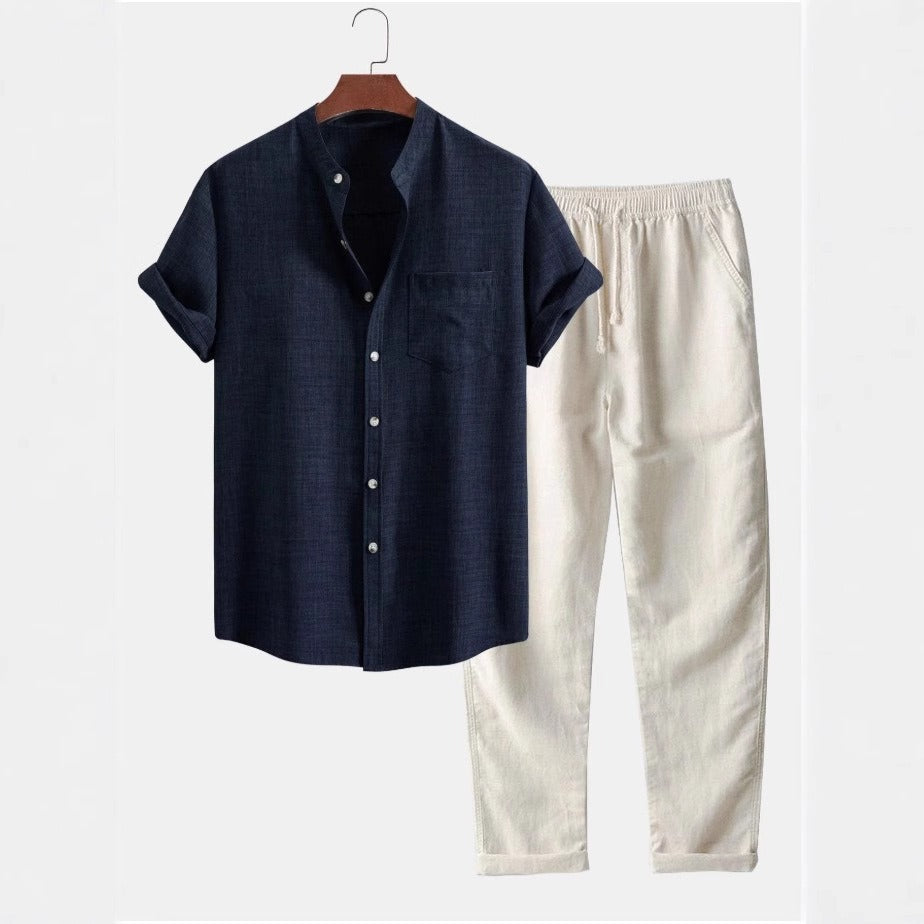 Conjunto camisa para hombre de lino cuello mao y pantalón recto - Mauro