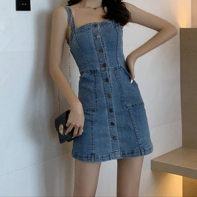 Vestido corto denim con botones y tirantes ajustados - Ninfa