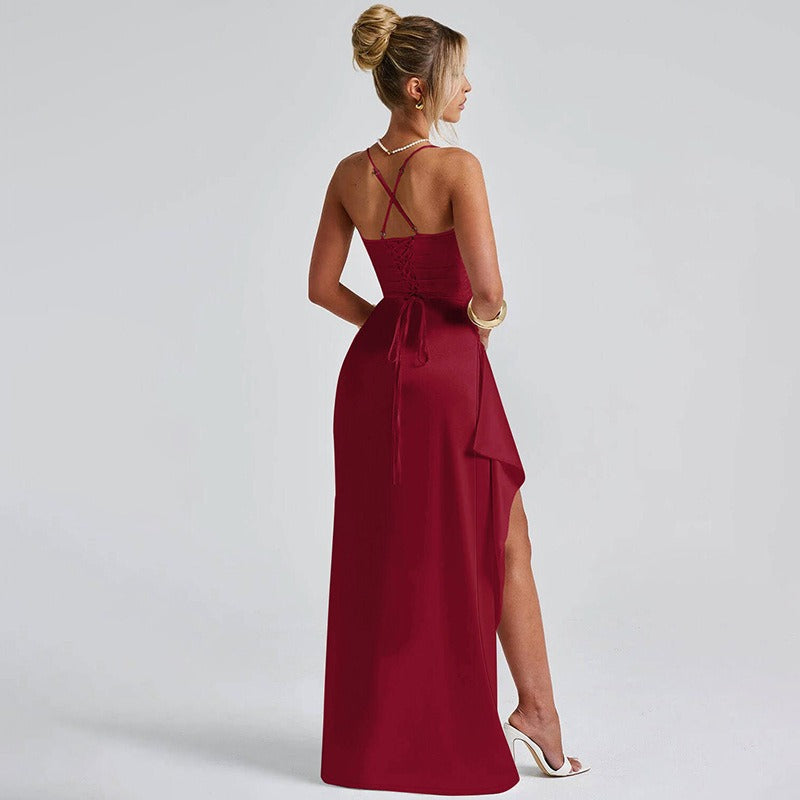 Vestido largo para mujer satén fruncido con abertura lateral - Lorena