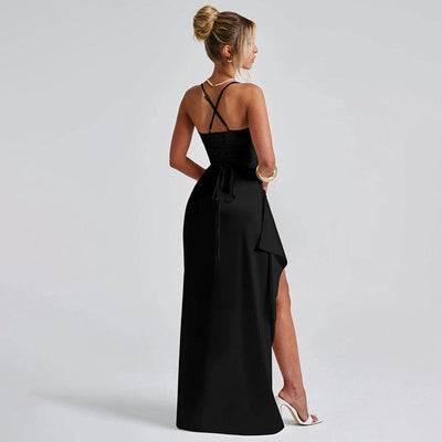 Vestido largo para mujer satén fruncido con abertura lateral - Lorena