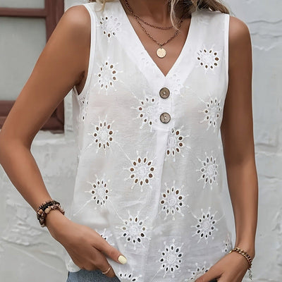 Blusa para mujer bordado inglés sin mangas escote en V - Olga