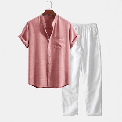 Conjunto camisa para hombre de lino cuello mao y pantalón recto - Mauro