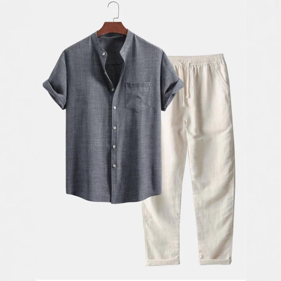 Conjunto camisa para hombre de lino cuello mao y pantalón recto - Mauro