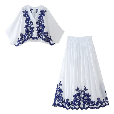 Conjunto para mujer blusa y falda con bordado floral con estilo bohemio - Alondra