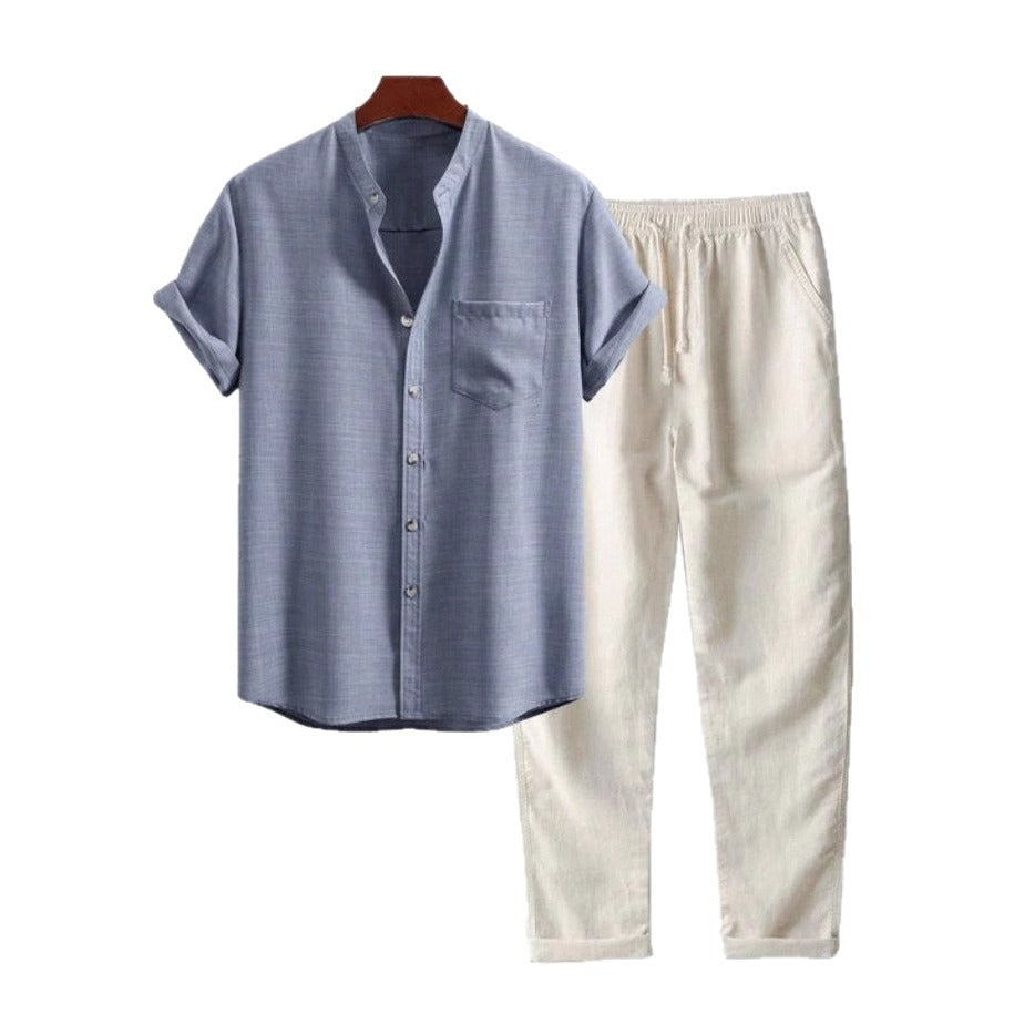 Conjunto camisa para hombre de lino cuello mao y pantalón recto - Mauro