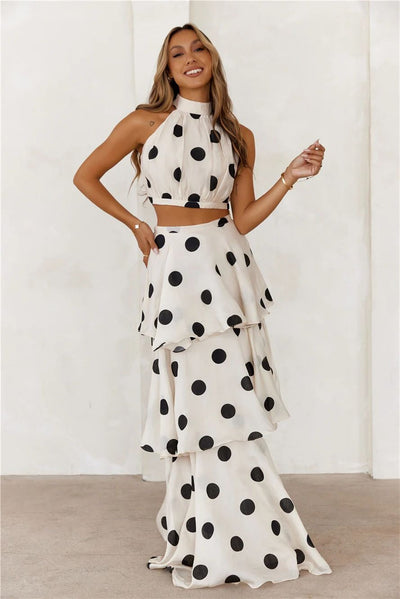 Conjunto mujer lunares top halter y falda larga volantes - Keyla