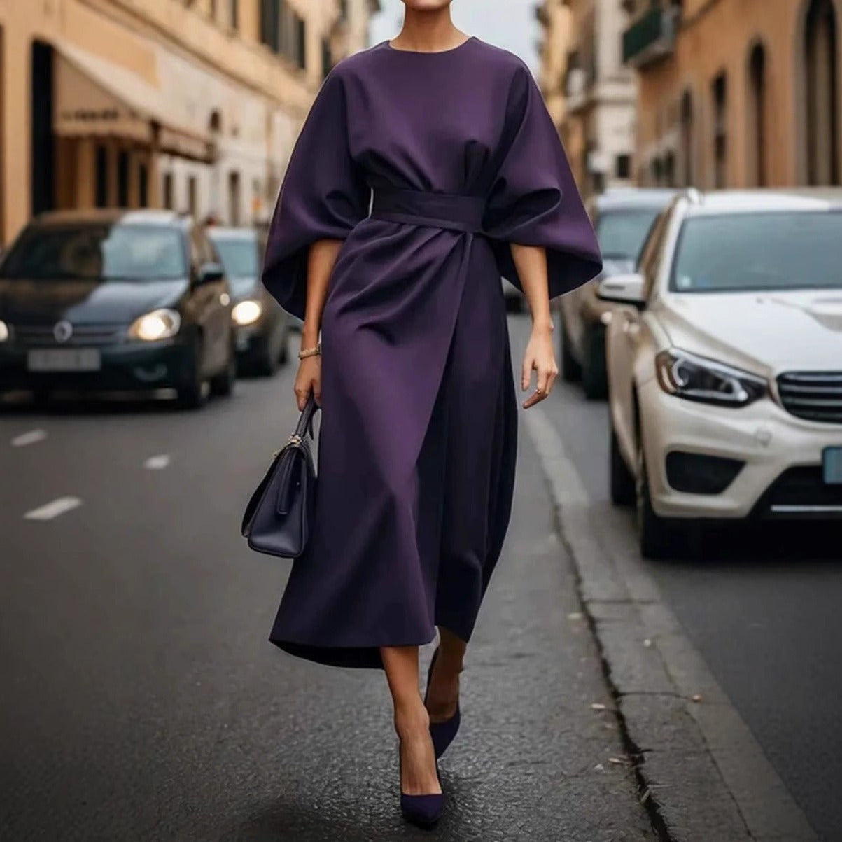 Vestido mujer manga murciélago largo cinturón elegante - Nekta
