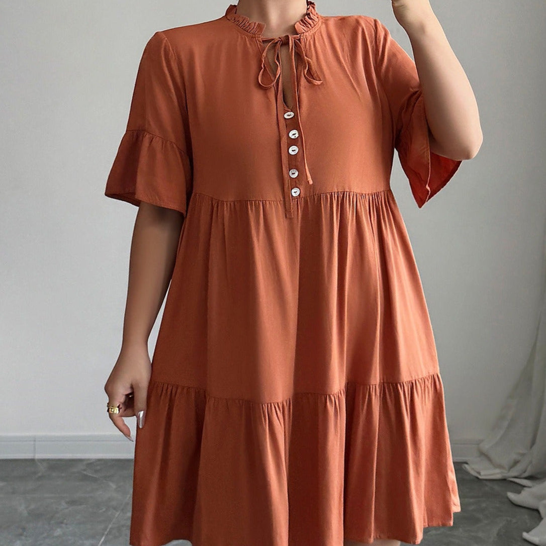 Vestido corto para mujer de algodón con cuello fruncido estilo evasé - Ariana