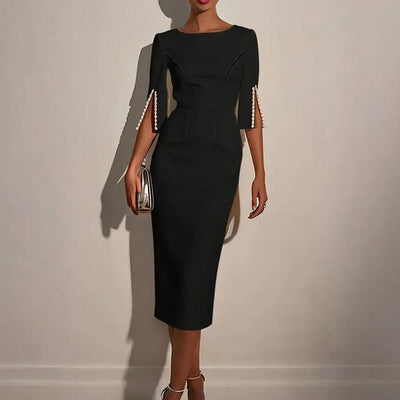 Vestido midi para mujer elegante entallado con detalle de perlas - Amaia